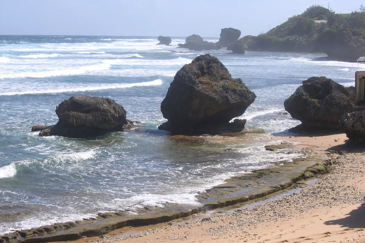 The giant coral boulders in the surf at Bathsheba, Barbados