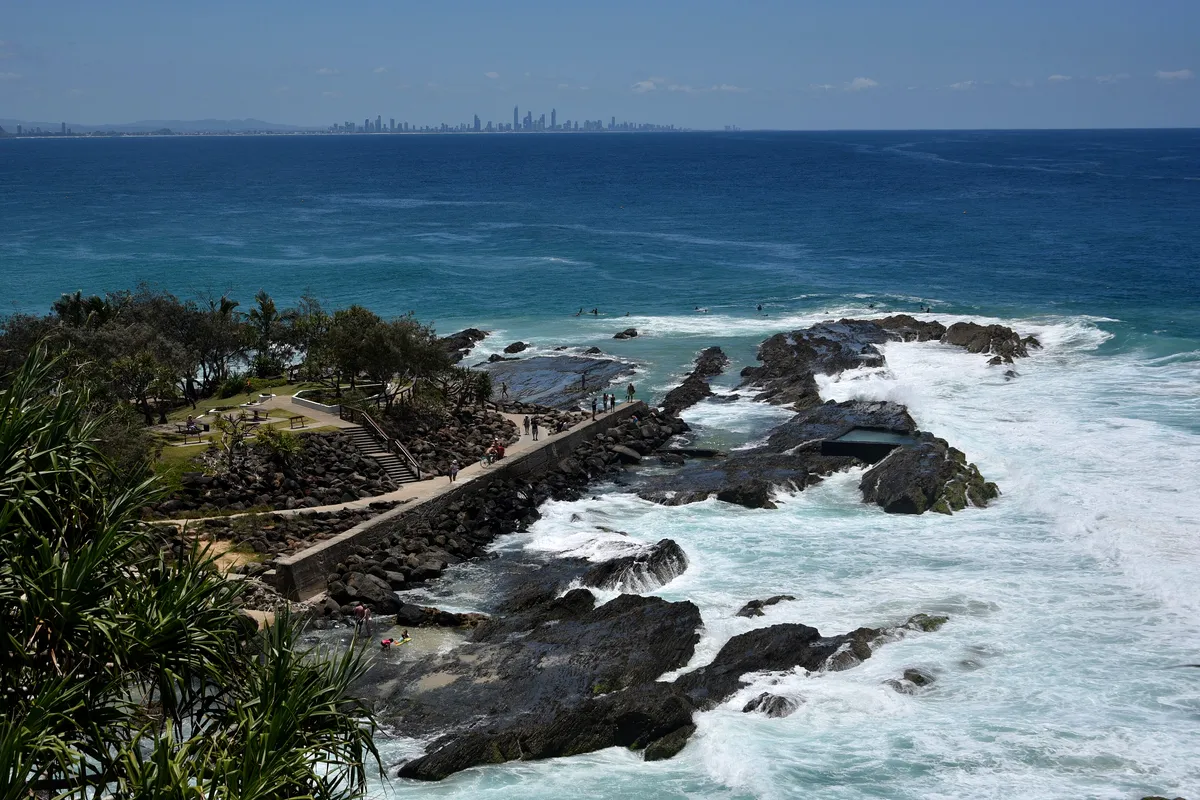 Snapper Rocks with the Gold Coast skyline in the distance