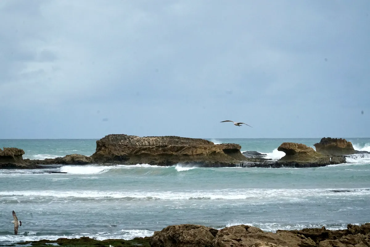 Rocks and surf on the beach at Essaouira, Morocco