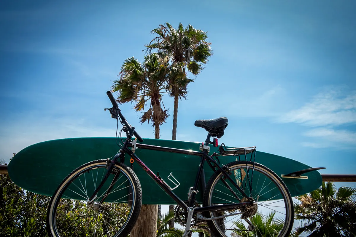 A bicycle with a surfboard rack under palm trees above Swami's, Encinitas
