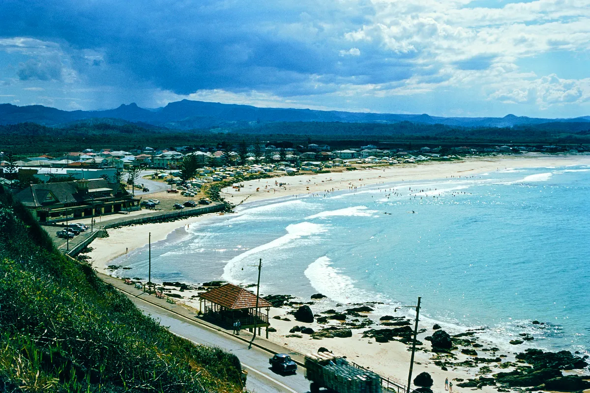 Looking along the waves and sand of Kirra Beach from Kirra Point on the Gold Coast