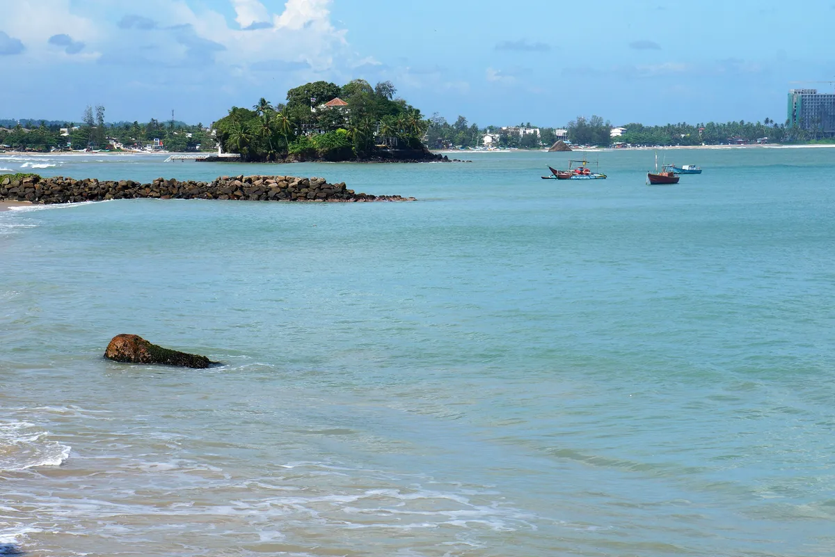 Weligama Bay and its small island on Sri Lanka's south coast